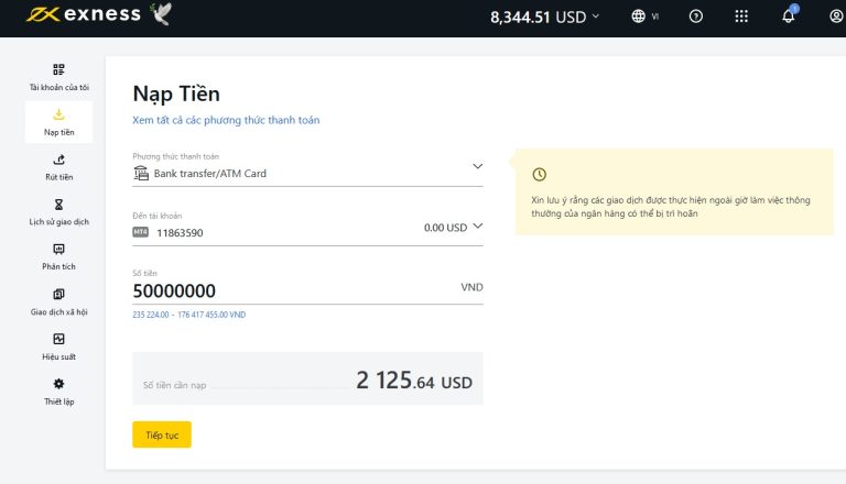 nạp tiền exness - bank transfer