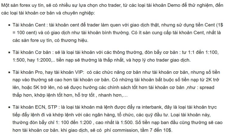 san forex - các loại tài khoản